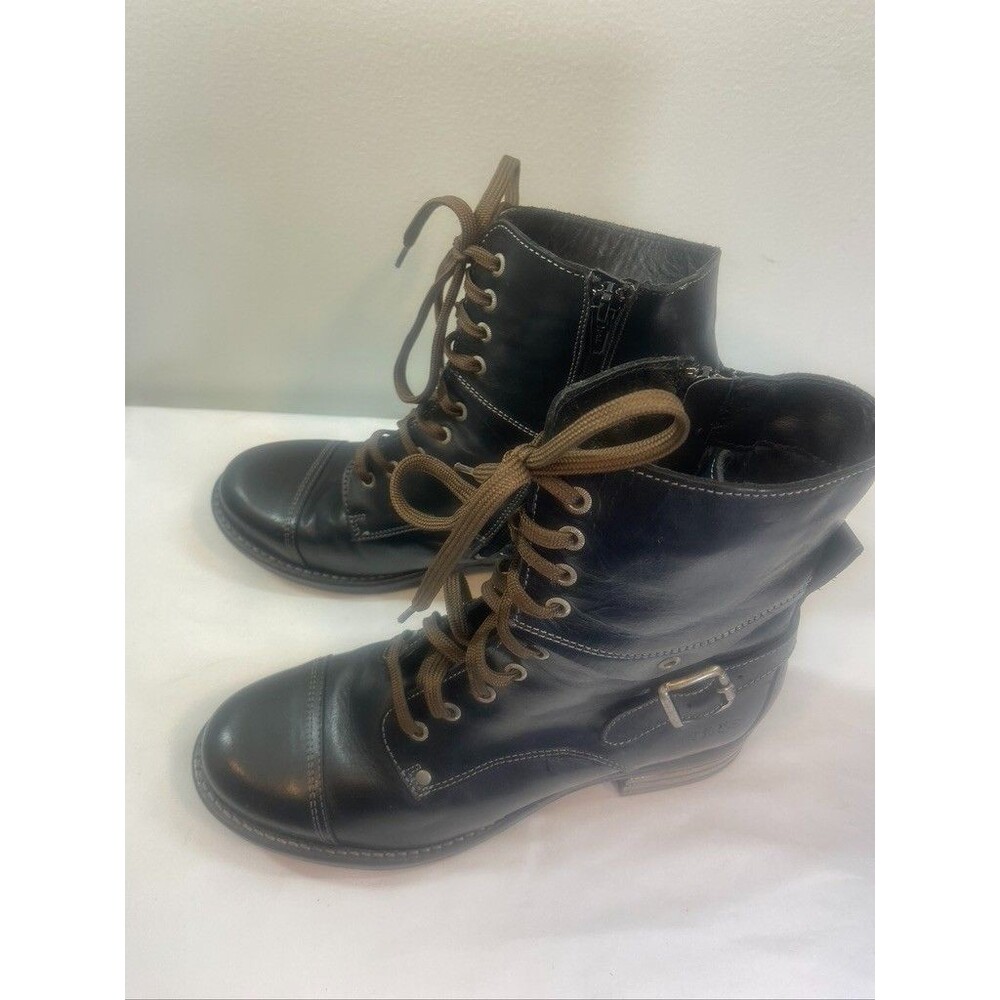 TOAS WOMENS BLACK LEATHER SIDE ZIP LACE UP BIKE HEELS BOOTS SIZE 9 - 9.5. 40